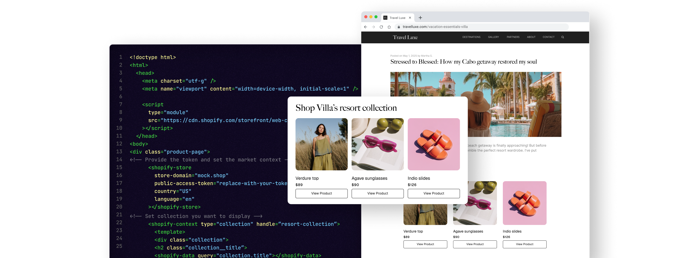 A code terminal window is featured beside the page of a travel blog. The blog has adds embedded in the page from the Villa resort collection.